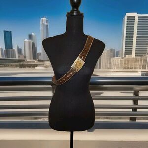 Tony Lama Brown Buffalo Calf Leather Belt with Polished Brown Stone Buckle 34